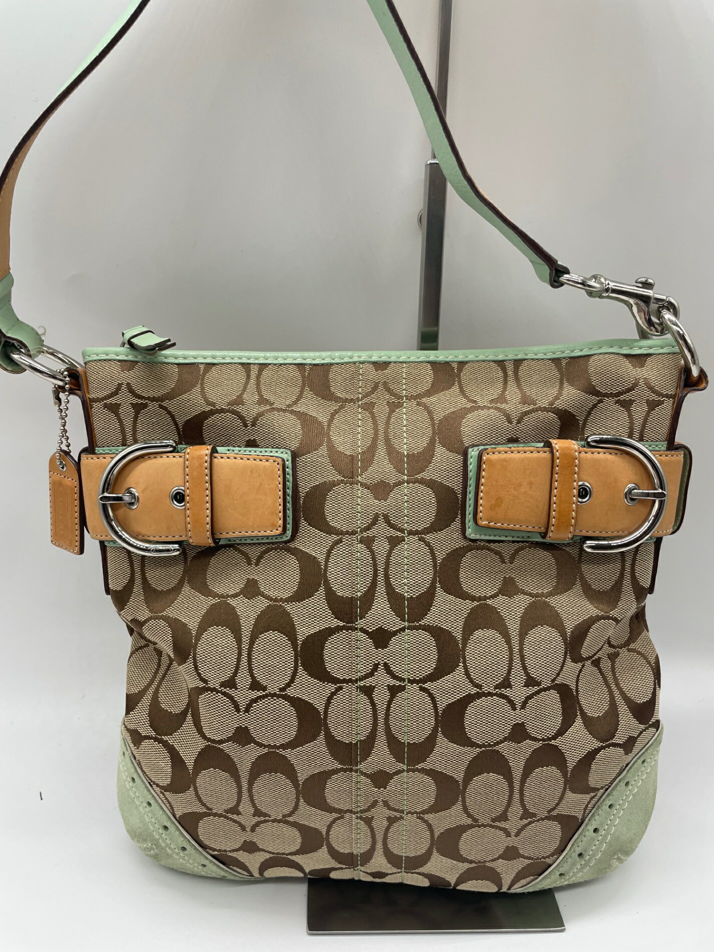 COACH コーチ 1487 シグネチャー ショルダーバッグ 斜め掛け クロスボディ ベルト金具 ブラウン 茶 グリーン 緑 Bランク 付属品無し レディース 中古 P689