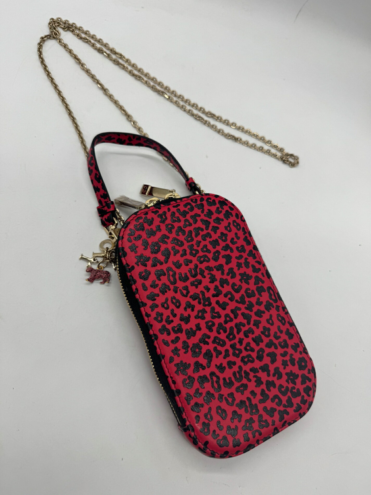 【超美品】 Dior ディオール 43-MA-0241 レディディオール フォーンホルダー ショルダーバッグ 斜め掛け 肩掛け スマホポーチ レオパード柄 豹柄 赤 レッド 黒 ブラック ショルダーストラップ付 Aランク レディース 中古 P3147