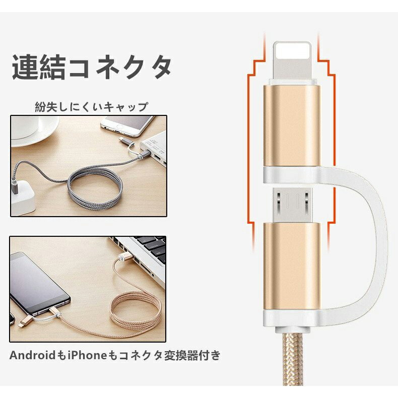 iPhoneケーブル micro USBケーブル 2in1 長さ 1 m 急速充電 充電器 データ転送ケーブル iPhone用 Android用 充電ケーブル マイクロUSB 合金ケーブル 多機種対応 送料無料【PL保険加入済み製品・安心】 3