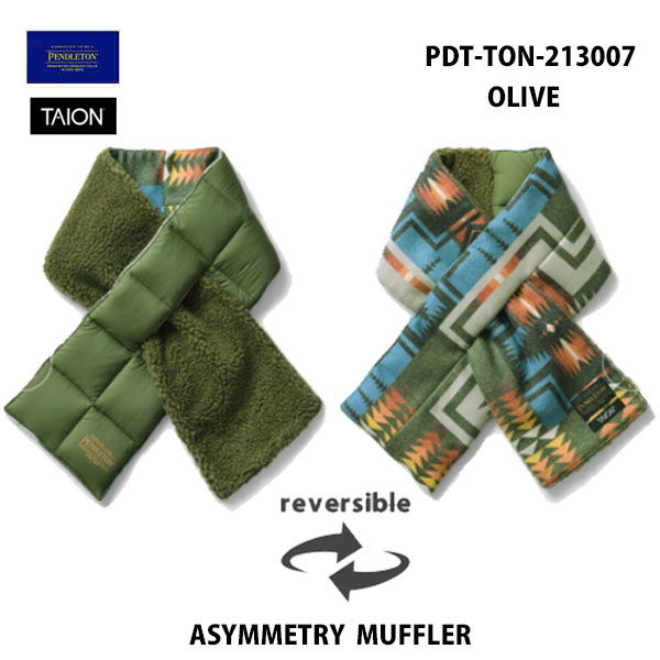 PENDLETON × TAION PDT-TON-213007 オリーブ アシンメトリー マフラーペンドルトン × タイオン ASYMMETRY MUFFLER OLIVE ハーディング柄 Harding Pattern ダウン　リバーシブル