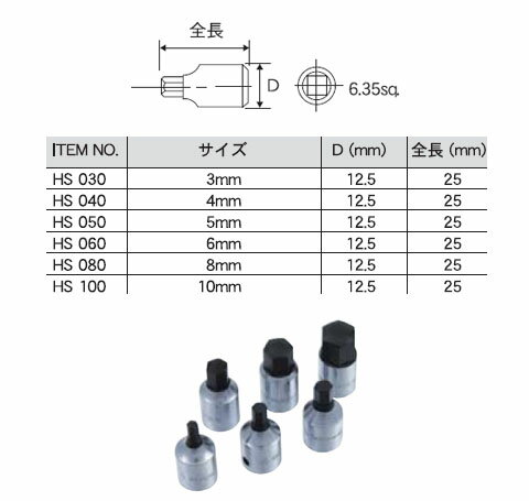 Pro-Autoヘックスビットソケット(差込角6.35mm・サイズ4mm) SEK(スエカゲ) HS 040
