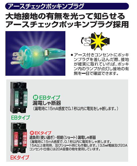 アースチェック付電工ドラム(屋内型)30m 過負荷漏電遮断付【取寄品】 日動 GNF-EK34
