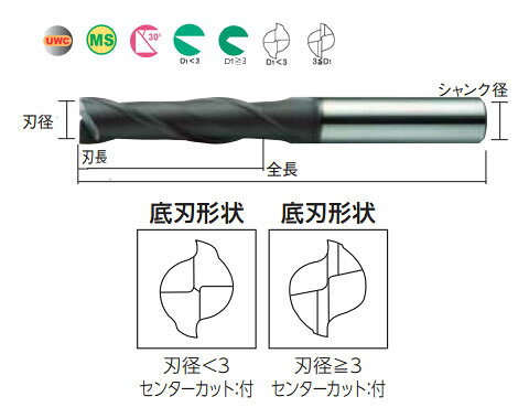 大工道具・金物の専門通販アルデの2枚刃エムスタ-エンドミル(L)(刃長ロングタイプ)径6 三菱マテリアル MS2LSD0600｜アングル2