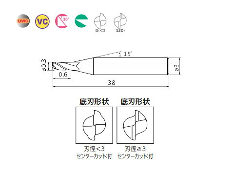 2枚刃ミラクル超硬エンドミル(M) 三菱マテリアル VC2MSD0030