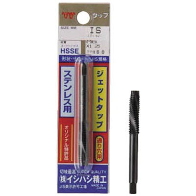 特徴難削ステンレス鋼に抜群の切れ味と耐久性です。厳選したスーパーハイス鋼(HSSE)を使用しています。特殊な形状設計と特殊二番加工で摩耗トルクを低減します。ステンレス鋼のねじ加工に抜群の切れ味です。ブリスターパック1本入りです。仕様ブリスターパック品通り穴専用加工ねじ：メートルねじ食い付山数：5山タップ等級：H級精度：JIS2級呼び寸：M12.0ピッチ(mm)：1.75ねじ長(mm)：29全長(mm)：82シャンク径(mm)：8.5シャンク四角部(mm)：6.5下穴径(mm)：10.3質量(g)：42用途通り穴用。被削材：ステンレス鋼、低中炭素鋼。材質／仕上高速度鋼(HSS-E)生産国 日本※商品イメージはP-SUS-JET-M8X1.25の物を使用しております。※こちらの商品はメーカー取寄せ品になります。納期は約1週間となります。