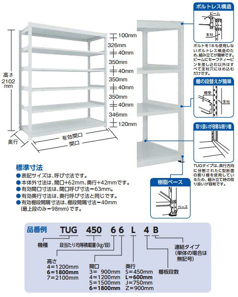 TUG型中量棚450kg 単体型 1555×626×H2100 6段 ※メーカー直送品 車上渡し品 トラスコ TUG45075L6 2