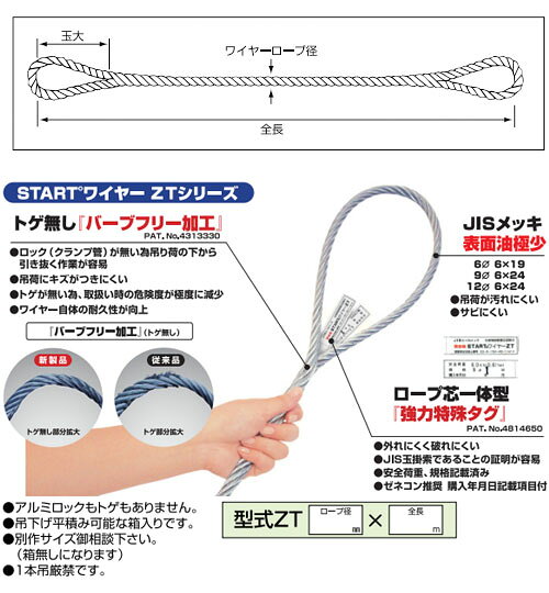 大工道具・金物の専門通販アルデのJISトゲ無し玉掛ワイヤー(メッキ加工)ZT9mm×3m ※取寄せ品 H.H.H.（スリーエッチ） ZT9mm×3m｜アングル2