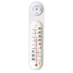 【用途】温度と湿度の測定に使用する温湿度計【機能】健康管理や省エネに役立ちます。カラフルでシンプルなデザインです。会社、学校、病院などでの使用に最適です。【仕様】■精度：±2℃■測定範囲　　●温度計：-30～50℃　　●湿度計：0～100％■湿度計精度　　●34％以下：±10％　　●35～75％：±5％　　●76％以上：10％■1目盛　　●温度計：2℃　　●湿度計：5％【材質】■本体：スチロール樹脂■目盛板カバー：アクリル■針：アルミ【サイズ】縦295mm×横67mm×厚み19mm重量：100g＊落下等の強い衝撃を与えないで下さい。＊本器は設置してから約1時間後に正しい値を示します。