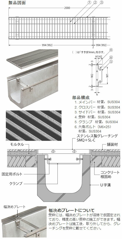 ステンレス製細目滑り止め模様付グレーチング(本体のみ) T-20 隙間11mm ※受注生産品 カネソウ SMQ-14050-P15