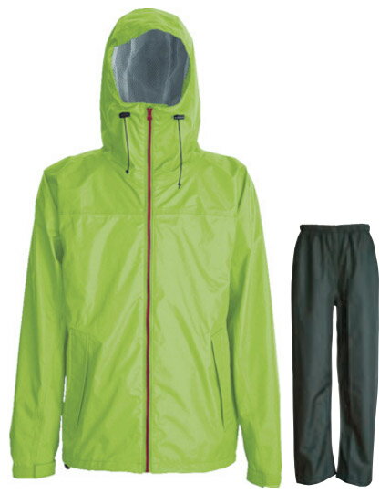 特徴防水性の高いPVCラミネートを採用した動きやすいレインスーツです。上着の背面、左腕には安全性を高めるリフレクタープリント付です。フードを使用しない時は、丸めて収納が可能です。仕様耐水圧：10000mm(10mの水柱を立ててテストした状態でも水を透過しません)色：ライムサイズ：LL身長(cm)：175～185胸囲(cm)：96～104ウエスト(cm)：86～96股下(cm)：75質量：880g用途雨天時の野外作業。材質／仕上表地：ポリエステル100%(ポリ塩化ビニール(PVC)ラミネート)裏地：ポリエステル100%(上下総裏メッシュ)生産国 中国※メーカーからの取寄せ商品のため、ご注文後のキャンセル、返品、交換はできません。