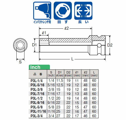 3/8 インパクトレンチ用ソケット ロング(6角)3/4inch ※取寄品 MITOLOY P3L-3/4 2