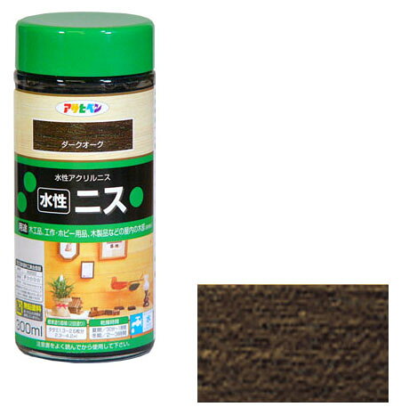 木目を生かした美しい仕上がり水性アクリルエマルション樹脂塗料特徴着色とニス塗りが同時にでき、木目を生かした美しいツヤに仕上がります。水性塗料なので塗りやすく、用具の後始末も水でできます。用途屋内外区分：屋内用木工品、工作・ホビー用品、木製品などの屋内の木部。(床を除く)仕様容量：300mlカラー：ダークオーク乾燥時間：夏期/30分～60分、冬期/2～3時間うすめ方：塗りにくい時は、水(5%以内)でうすめてください。標準塗り面積：(2回塗り)2.3～4.2平方メートル(タタミ1.3～2.6枚分)※色見本はPC環境によっては実際の色と異なる場合があります。メーカーからの取寄せ商品のため、ご注文後のキャンセル、返品、交換はできません。万一、メーカーでの欠品や廃番により商品をご用意できない場合はご連絡いたします。