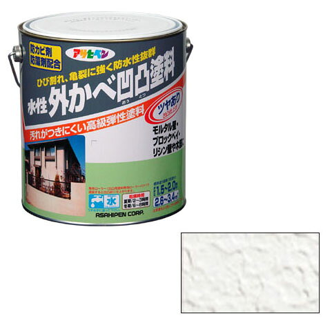 ひび割れ、亀裂に強く防水性抜群特徴専用ローラーバケで容易に、ツヤありの風格ある美しい立体凹凸模様仕上げができます。防カビ剤、防藻剤の配合により、長時間カビ、藻(モ)、コケの発生を防ぎます。塗膜は弾力性に優れており、コンクリートやモルタルに生じるひび割れや、亀裂に強い塗料です。汚れがつきにくく、防水性や耐候性に優れ、長期間建物の美観を保ちます。用途屋内外区分：屋内外用屋内外のコンクリート、モルタル、ブロック、スレート、レンガ、しっくい、木部などの壁、天井、へいなど(浴室、台所を除く)。※専用ローラーをご使用ください。(凹凸用塗料専用ローラーバケ)※浴室、台所には適しません。また絶えず水がかかったり水につかるところや、いつも湿っているところ、また床面には適しません。仕様容量：3Lカラー：ホワイト乾燥時間：夏期/2～3時間、冬期/6～8時間うすめ方：うすめずにそのまま塗ってください。標準塗り面積：(1回塗り)2.6～3.4平方メートル(タタミ1.5～2.0枚分)※色見本はPC環境によっては実際の色と異なる場合があります。メーカーからの取寄せ商品のため、ご注文後のキャンセル、返品、交換はできません。万一、メーカーでの欠品や廃番により商品をご用意できない場合はご連絡いたします。