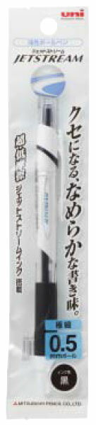 特徴クセになる、なめらかな書き味。超・低摩擦ジェットストリームインク搭載、極めてなめらかな書き味を実現しました。従来の油性ボールペンと比較して、摩擦係数が最大50%軽減されています。顔料と新しい色材を組み合わせることにより、くっきりと濃い描線を実現。また、速乾性にも優れています。スプリングチップ&ツインボール機構を搭載。仕様超・低摩擦 ジェットストリームインク搭載軸色：黒インク色：黒ボール径：0.5mm本体サイズ：軸径φ11.3×厚さ14.8×全長139.6mm重量(1パック)：10.6g機構：ノック式軸仕上：軸/再生PC樹脂(ラバーグリップ付)、クリップ/ABS樹脂、口プラ/再生PBT樹脂グリーン購入法適合商品、エコ商品ねっと掲載メーカーからの取寄せ商品のため、ご注文後のキャンセル、返品、交換はできません。万一、メーカーでの欠品や廃番により商品をご用意できない場合はご連絡いたします。