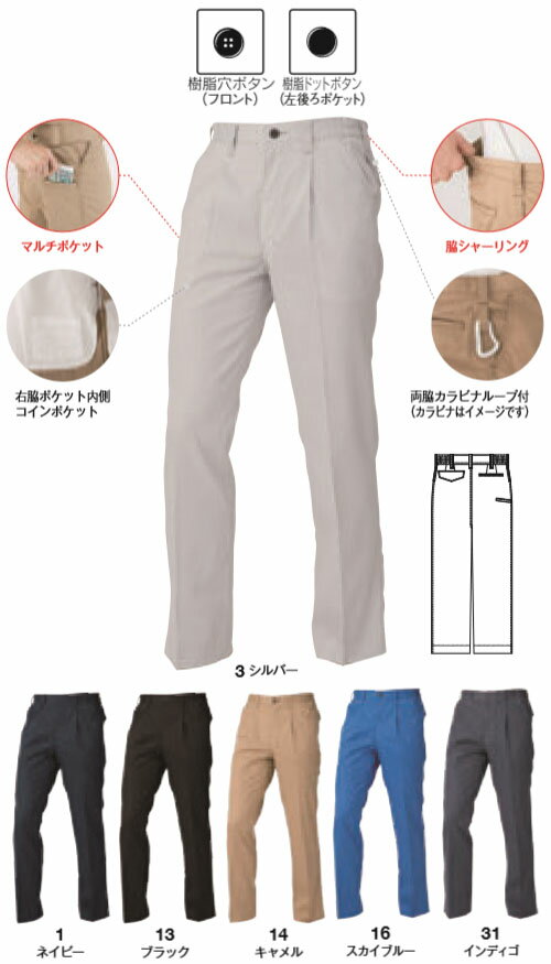 ワンタックスラックス(脇シャーリング) インディゴ M ※取寄品 コーコス A-4174 2