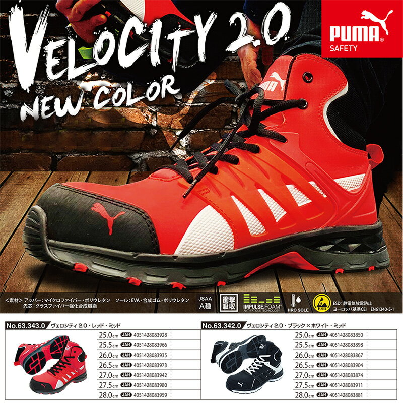 【送料無料】安全靴 ヴェロシティ 26.5cm レッド ミッド 整理仕分けバッグ付 PUMA(プーマ) 63.343.0 ( スニーカー 作業靴 作業用 ワーキングシューズ 安全シューズ セーフティーシューズ 先芯入り ハイカット ウォーキングシューズ )