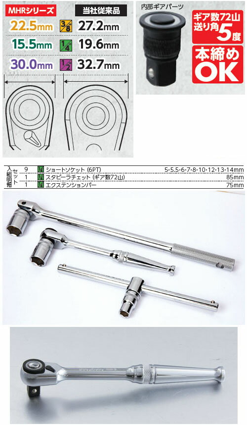 1/4差し込み角 DR 11PC スタビーラチェット＆ソケットセット 取寄品 SEK(スエカゲ) PA2011 ( ショートソケット スタビーラチェット エクステンションバー )