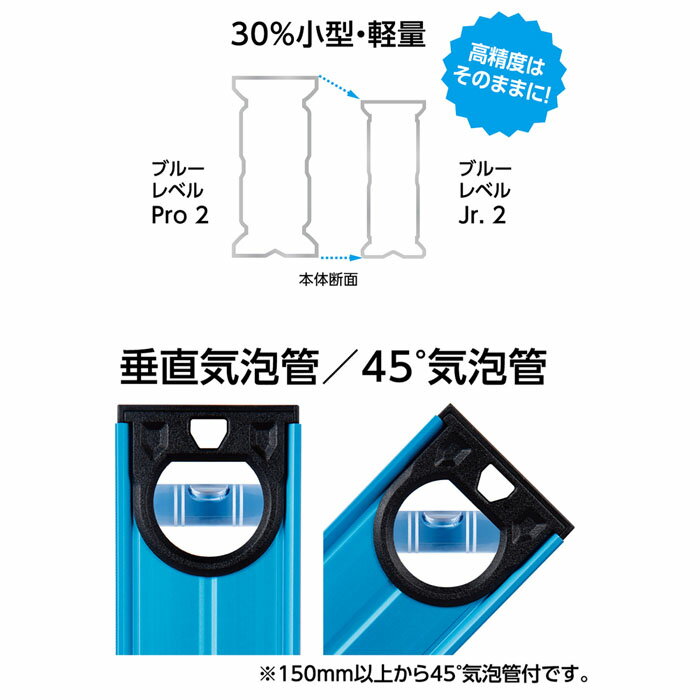 ブルーレベル Jr.2 300mm マグネット付 取寄品 シンワ 73393 (高精度 コンパクト 気泡管 垂直 45° 軽量 )