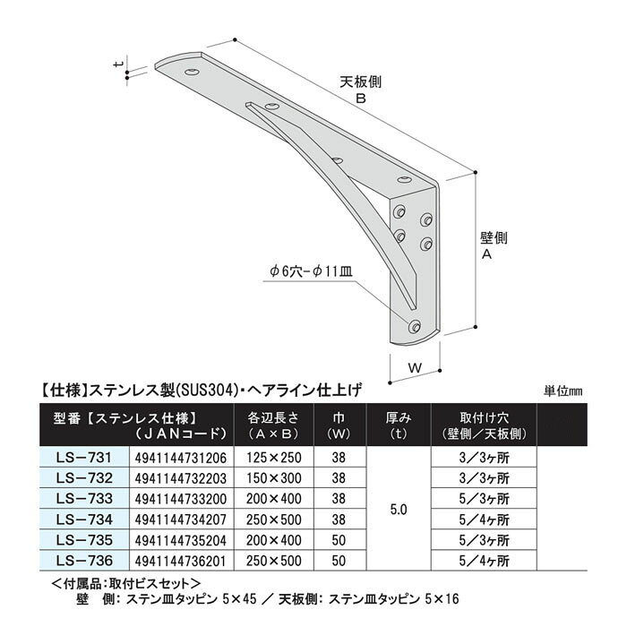 ステンレス カウンターブラケット 150×300×38 1個 取寄品 SPG(サヌキ) LS-732 (キ...