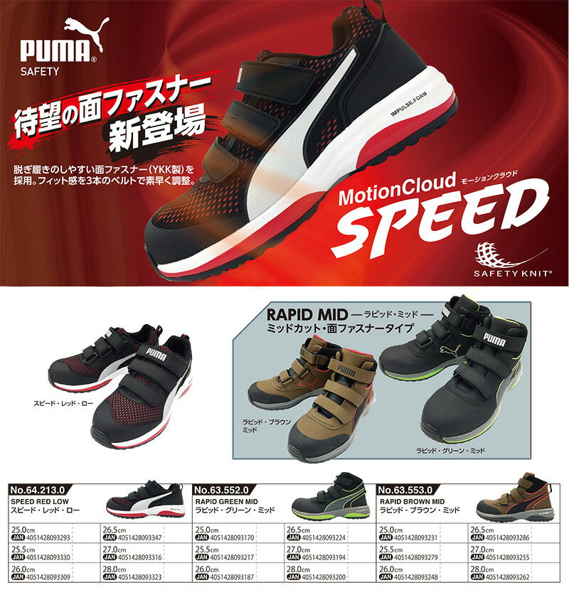 安全靴 作業靴 スピード 25.0cm レッド 面ファスナー ローカット マジックテープ PUMA 不織布バッグ付きセット PUMA(プーマ) 64.213.0 ( 2021モデル 最新作 SPEED モーションクラウド スニーカー 作業用 ワーキングシューズ 安全シューズ ベルクロ 先芯入り )