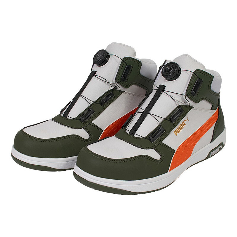 安全靴 フロントコート ディスク ミッドカット ホワイト＆グリーン 25.0cm メディコム マスク(3枚)付 PUMA(プーマ) 63.222.0