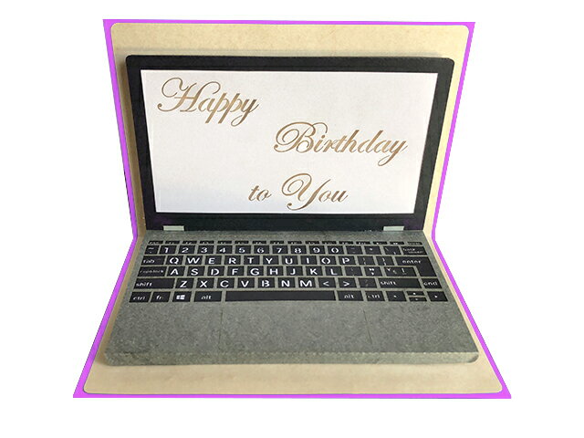 ポップアップカード　ノートPC　Happy Birthday ピンク
