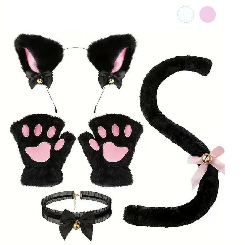 乐天商城 - コスプレ 4点セット 衣装 猫 大人 子ども ハロウィン 仮装 コス ねこ 猫耳 カチューシャ チョーカー 首輪 手袋 グローブ しっぽ 尻尾 かわいい 可愛い セット ふわふわ フリル 全身 一式 ブラック ホワイト ネコ キッズ 子供 簡単 宅コス 自宅 簡易