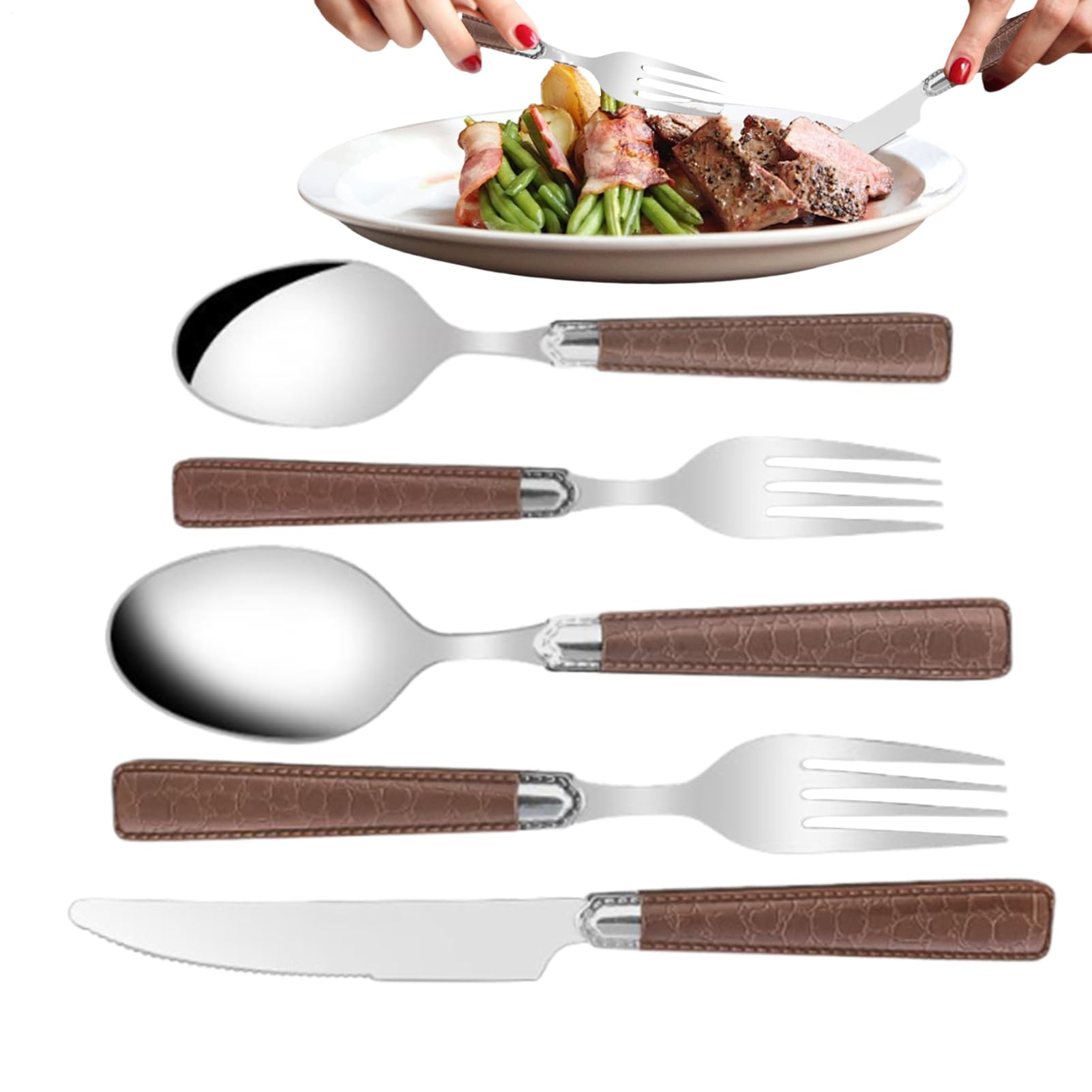 ステンレス製 カトラリーセット - 食器 キッチン用品 5点セット | 滑らか 人間工学 フォーク スプーン キット レストラン 自宅 寮 日常 食事