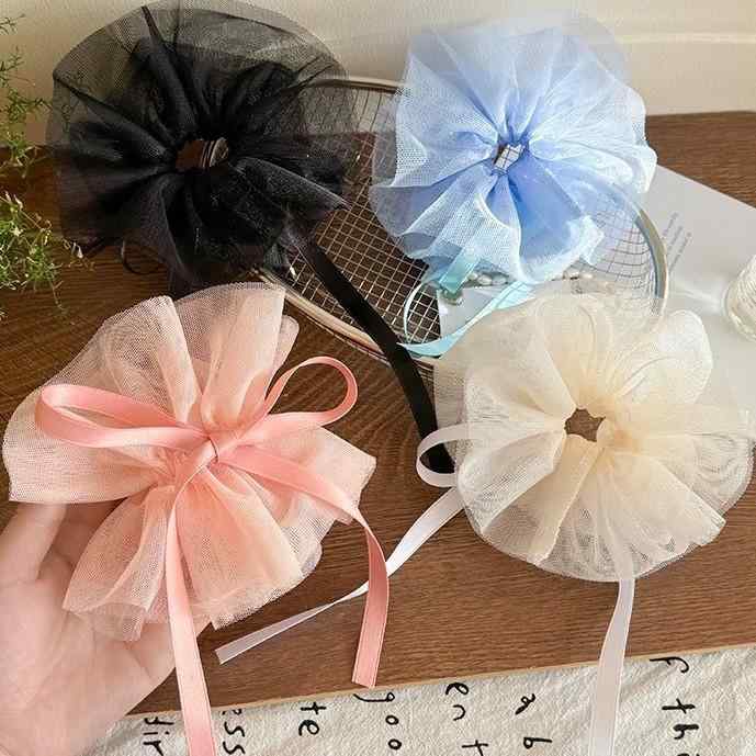 ヘアゴム 女性用 チュール 蝶結 リボン ドローストリング 大型 低めポニーテール 気質 エレガント 髪結び 髪に優しい ヘアアクセサリー かわいい ヘアリング ポニーテールゴム 伸縮性 軽量 普段使い