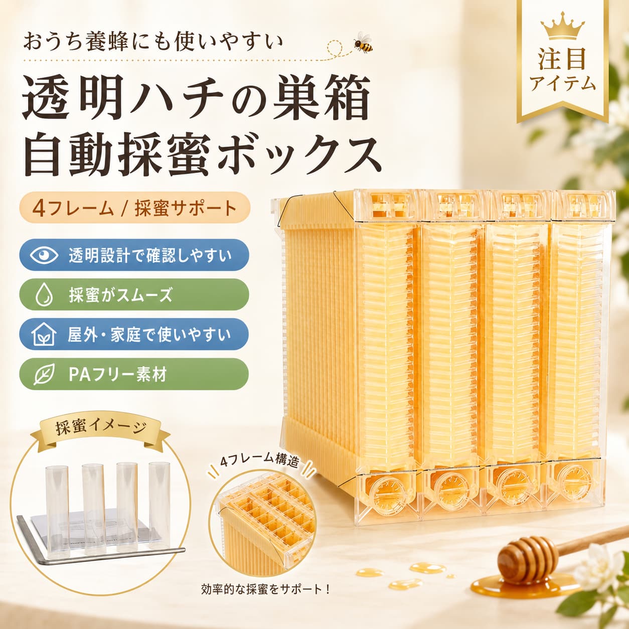 蜂の巣箱 自動採蜜 巣箱セット 4フレーム 完成巣枠 巣礎付き 自動流し ハニカム 養蜂器具 養蜂用品 BPAフリー FDA認証済 初心者 家庭用 屋外
