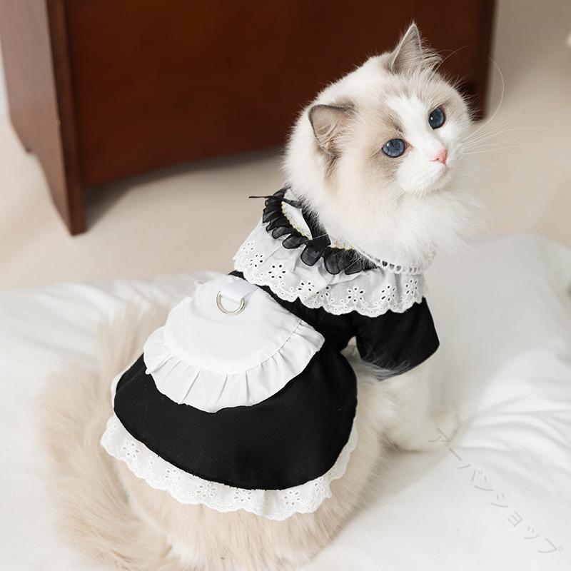 ペット 用 スカート 春夏 小型犬 中型犬 猫 用 ハーネス 一体型 メイド 風 フリル スカート 制服 風 イギリス 風 織物 素材 ブラック ブルー お散歩 お出かけ かわいい