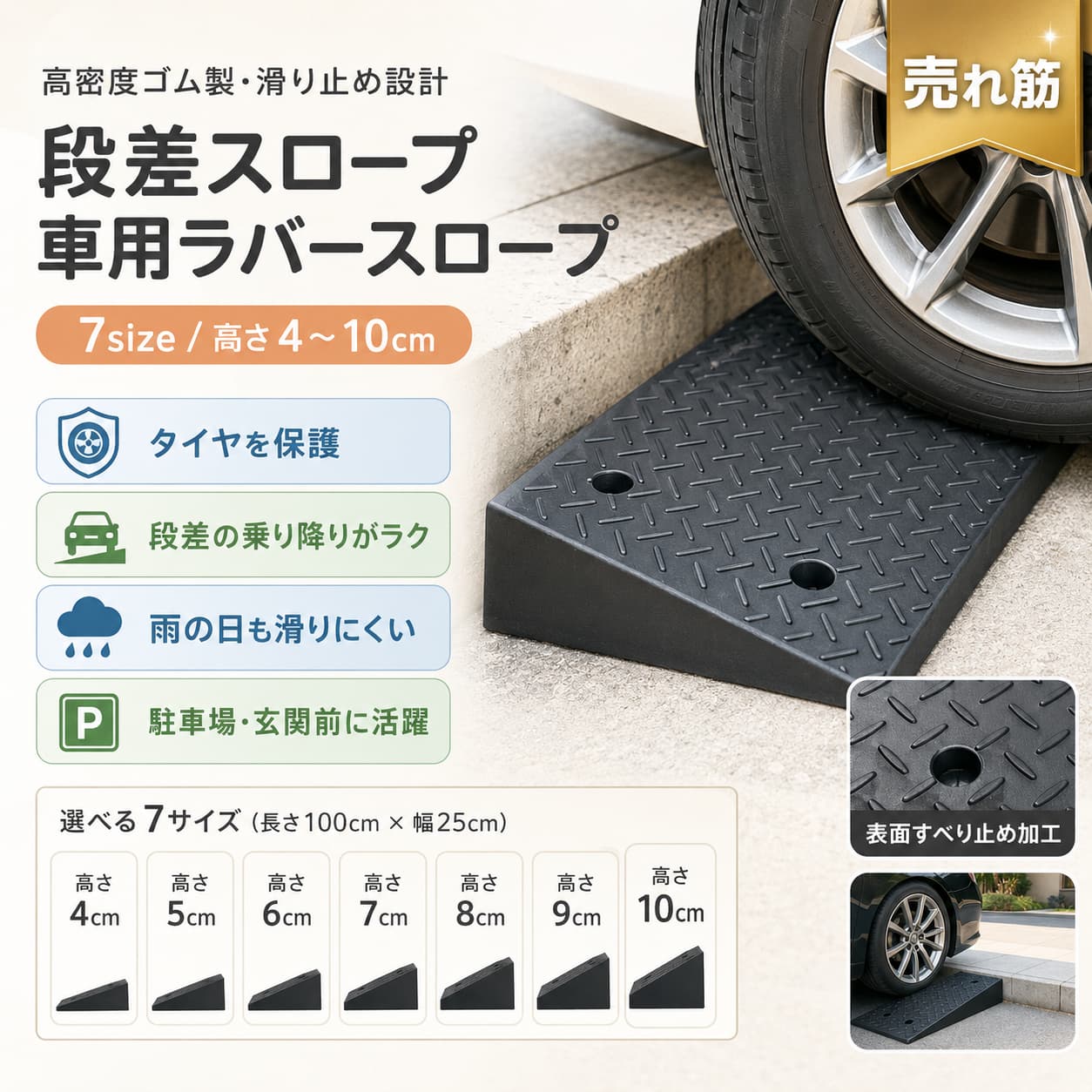 【製品概要】 駐車場や車庫、玄関まわりなどの段差解消に使いやすい、ゴム製の段差スロープです。 長さ約100cm、幅約25cmで、4cm〜10cmまでの高さからお選びいただけます。 車、バイク、自転車、車いすなどの出入りをスムーズにしたい場面に取り入れやすい屋外用アイテムです。 【商品特長】 ・高密度ゴム素材を使用した段差スロープです。 ・丈夫で耐摩耗性、耐久性に配慮された仕様です。 ・表面にはテクスチャ加工があり、摩擦を高めやすい設計です。 ・底部はメッシュ構造で、設置時の安定感に配慮されています。 ・背面には半円形の溝があり、水の流れを妨げにくい構造です。 ・取り付け部品付きで、屋外での使用にも取り入れやすい仕様です。 ・駐車場、玄関、洗車場、コミュニティ、店舗入口など幅広い場所で使いやすい段差用プレートです。 【主な仕様】 素材：ゴム 長さ：約100cm 幅：約25cm 高さ：4cm / 5cm / 6cm / 7cm / 8cm / 9cm / 10cm 付属品：取り付け部品あり 用途：駐車場、車庫、玄関、庭、店舗入口、洗車場 など 【カラーバリエーション】 記載なし 【おすすめシーン】 ・駐車場や車庫前の段差対策に ・玄関や庭まわりの出入りに ・バイクや自転車の段差越えに ・車いすや台車の通行補助に ・洗車場や店舗入口の段差解消に 【注意事項】 ●屋外で長期使用する場合は、設置場所のサイズや必要な高さを事前にご確認ください。 ●サイズ詳細等の測り方はスタッフ間で統一しておりますが、実寸は商品によって若干の誤差がある場合がございます。 ●製造ロットにより、細部形状の違いや仕様変更が生じる場合があります。 ▼商品の見え方は、撮影時の光やお客様のモニター環境により実際の商品と異なる場合がございます。 ▼同じ商品でも生産時期により形やサイズに多少の誤差が生じる場合がございます。 ▼他店舗でも在庫を共有して販売しているため、受注後欠品となる場合がございます。 ▼ご使用前に設置面の状態をご確認のうえ、安定した場所に設置してください。 【関連キーワード】 段差スロープ 段差プレート ゴム製 段差解消 駐車場 車庫 玄関 バイク 自転車 車いす 屋外用 100cm 25cm 4cm 5cm 6cm 7cm 8cm 9cm 10cm 階段スロープ ハイステップ 関連キーワード 段差スロープ 段差プレート ゴム製 段差スロープ 段差解消 スロープ 駐車場 段差スロープ 車庫 段差プレート 玄関 段差スロープ バイク スロープ 自転車 スロープ 車いす スロープ 屋外用 段差スロープ 100cm 段差スロープ 25cm 幅 スロープ 4cm 段差解消 5cm 段差解消 6cm 段差解消 7cm 段差解消 8cm 段差解消 9cm 段差解消 10cm 段差解消 階段スロープ ハイステップ スロープ ゴムスロープ ゴム製 段差プレート ゴム製 スロープ 縁石スロープ 縁石 段差スロープ カースロープ 段差 タイヤ保護 スロープ 車用 段差プレート オートバイ スロープ 車椅子用 段差スロープ 車椅子 段差解消 段差解消 ゴム 屋外 ゴムスロープ 耐荷重 スロープ 耐久性 ゴムスロープ 耐摩耗 スロープ 高密度ゴム スロープ 滑り止め 段差スロープ ノンスリップ スロープ 滑りにくい 段差プレート 雨の日 スロープ 雪の日 スロープ テクスチャ表面 スロープ 摩擦力アップ スロープ 安定感 スロープ 移動しにくい 段差スロープ メッシュ構造 スロープ 中空構造 スロープ 圧力に強い スロープ 均等応力 スロープ 水はけ 段差スロープ 排水溝付き スロープ 半円形溝 スロープ 雨水対策 スロープ 水流対策 スロープ 長期使用 スロープ 固定しやすい スロープ 設置簡単 段差プレート 取り付け部品付き 玄関前 スロープ 駐車場 入口 スロープ ガレージ スロープ スーパー 段差スロープ デパート 段差解消 コミュニティ スロープ 洗車場 スロープ 療養所 スロープ 埠頭 スロープ 業務用 段差スロープ 家庭用 段差スロープ 自宅用 スロープ 出入口 段差解消 屋外 段差プレート 通路 スロープ 店舗入口 スロープ 台車 スロープ ベビーカー 段差スロープ カート スロープ 段差 ゴムプレート 段差 橋渡し スロープ 重機用 スロープ 車輪保護 スロープ タイヤにやさしい スロープ 衝撃吸収 ゴムスロープ 駐車場 ハイステップ 車庫 乗り上げ スロープ 自動車 乗り上げ スロープ バイク 乗り上げ プレート 自転車 乗り上げ スロープ 車いす 乗り越え スロープ 高低差 解消 プレート 屋外 段差解消 ゴム 100cm ゴムスロープ 25cm ゴム製プレート ゴム製 階段スロープ 玄関 バリアフリー スロープ 駐車場 バリアフリー 車椅子 バリアフリー スロープ 段差解消プレート 屋外 段差スロープ 屋外 防滑 段差プレート 駐車場用 段差プレート 車庫用 玄関用 段差プレート ゴム製 バリアフリー スロープ 耐久 ゴム 段差プレート 防滑 ゴムスロープ 雨でも滑りにくい スロープ 雪でも安心 スロープ タイヤ保護 ゴムプレート バイク 自転車 車いす 対応 4cm 5cm 6cm 7cm 8cm 9cm 10cm 段差スロープ ゴム製 100cm 段差プレート ゴム製 25cm【製品概要】 駐車場や車庫、玄関まわりなどの段差解消に使いやすい、ゴム製の段差スロープです。 長さ約100cm、幅約25cmで、4cm〜10cmまでの高さからお選びいただけます。 車、バイク、自転車、車いすなどの出入りをスムーズにしたい場面に取り入れやすい屋外用アイテムです。 【商品特長】 ・高密度ゴム素材を使用した段差スロープです。 ・丈夫で耐摩耗性、耐久性に配慮された仕様です。 ・表面にはテクスチャ加工があり、摩擦を高めやすい設計です。 ・底部はメッシュ構造で、設置時の安定感に配慮されています。 ・背面には半円形の溝があり、水の流れを妨げにくい構造です。 ・取り付け部品付きで、屋外での使用にも取り入れやすい仕様です。 ・駐車場、玄関、洗車場、コミュニティ、店舗入口など幅広い場所で使いやすい段差用プレートです。 【主な仕様】 素材：ゴム 長さ：約100cm 幅：約25cm 高さ：4cm / 5cm / 6cm / 7cm / 8cm / 9cm / 10cm 付属品：取り付け部品あり 用途：駐車場、車庫、玄関、庭、店舗入口、洗車場 など 【カラーバリエーション】 記載なし 【おすすめシーン】 ・駐車場や車庫前の段差対策に ・玄関や庭まわりの出入りに ・バイクや自転車の段差越えに ・車いすや台車の通行補助に ・洗車場や店舗入口の段差解消に 【注意事項】 ●屋外で長期使用する場合は、設置場所のサイズや必要な高さを事前にご確認ください。 ●サイズ詳細等の測り方はスタッフ間で統一しておりますが、実寸は商品によって若干の誤差がある場合がございます。 ●製造ロットにより、細部形状の違いや仕様変更が生じる場合があります。 ▼商品の見え方は、撮影時の光やお客様のモニター環境により実際の商品と異なる場合がございます。 ▼同じ商品でも生産時期により形やサイズに多少の誤差が生じる場合がございます。 ▼他店舗でも在庫を共有して販売しているため、受注後欠品となる場合がございます。 ▼ご使用前に設置面の状態をご確認のうえ、安定した場所に設置してください。 【関連キーワード】 段差スロープ 段差プレート ゴム製 段差解消 駐車場 車庫 玄関 バイク 自転車 車いす 屋外用 100cm 25cm 4cm 5cm 6cm 7cm 8cm 9cm 10cm 階段スロープ ハイステップ 関連キーワード 段差スロープ 段差プレート ゴム製 段差スロープ 段差解消 スロープ 駐車場 段差スロープ 車庫 段差プレート 玄関 段差スロープ バイク スロープ 自転車 スロープ 車いす スロープ 屋外用 段差スロープ 100cm 段差スロープ 25cm 幅 スロープ 4cm 段差解消 5cm 段差解消 6cm 段差解消 7cm 段差解消 8cm 段差解消 9cm 段差解消 10cm 段差解消 階段スロープ ハイステップ スロープ ゴムスロープ ゴム製 段差プレート ゴム製 スロープ 縁石スロープ 縁石 段差スロープ カースロープ 段差 タイヤ保護 スロープ 車用 段差プレート オートバイ スロープ 車椅子用 段差スロープ 車椅子 段差解消 段差解消 ゴム 屋外 ゴムスロープ 耐荷重 スロープ 耐久性 ゴムスロープ 耐摩耗 スロープ 高密度ゴム スロープ 滑り止め 段差スロープ ノンスリップ スロープ 滑りにくい 段差プレート 雨の日 スロープ 雪の日 スロープ テクスチャ表面 スロープ 摩擦力アップ スロープ 安定感 スロープ 移動しにくい 段差スロープ メッシュ構造 スロープ 中空構造 スロープ 圧力に強い スロープ 均等応力 スロープ 水はけ 段差スロープ 排水溝付き スロープ 半円形溝 スロープ 雨水対策 スロープ 水流対策 スロープ 長期使用 スロープ 固定しやすい スロープ 設置簡単 段差プレート 取り付け部品付き 玄関前 スロープ 駐車場 入口 スロープ ガレージ スロープ スーパー 段差スロープ デパート 段差解消 コミュニティ スロープ 洗車場 スロープ 療養所 スロープ 埠頭 スロープ 業務用 段差スロープ 家庭用 段差スロープ 自宅用 スロープ 出入口 段差解消 屋外 段差プレート 通路 スロープ 店舗入口 スロープ 台車 スロープ ベビーカー 段差スロープ カート スロープ 段差 ゴムプレート 段差 橋渡し スロープ 重機用 スロープ 車輪保護 スロープ タイヤにやさしい スロープ 衝撃吸収 ゴムスロープ 駐車場 ハイステップ 車庫 乗り上げ スロープ 自動車 乗り上げ スロープ バイク 乗り上げ プレート 自転車 乗り上げ スロープ 車いす 乗り越え スロープ 高低差 解消 プレート 屋外 段差解消 ゴム 100cm ゴムスロープ 25cm ゴム製プレート ゴム製 階段スロープ 玄関 バリアフリー スロープ 駐車場 バリアフリー 車椅子 バリアフリー スロープ 段差解消プレート 屋外 段差スロープ 屋外 防滑 段差プレート 駐車場用 段差プレート 車庫用 玄関用 段差プレート ゴム製 バリアフリー スロープ 耐久 ゴム 段差プレート 防滑 ゴムスロープ 雨でも滑りにくい スロープ 雪でも安心 スロープ タイヤ保護 ゴムプレート バイク 自転車 車いす 対応 4cm 5cm 6cm 7cm 8cm 9cm 10cm 段差スロープ ゴム製 100cm 段差プレート ゴム製 25cm