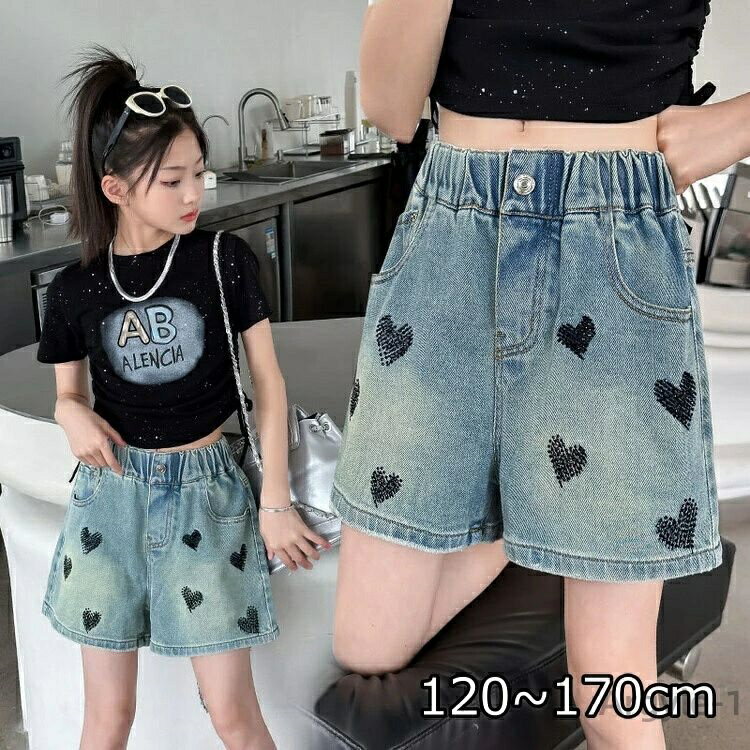【送料無料】デニムパンツ キッズ ジーンズ ジーパン ハート柄 ボトムス ショートパンツ ハーフパンツ ウエストゴム おしゃれ デニムパンツ