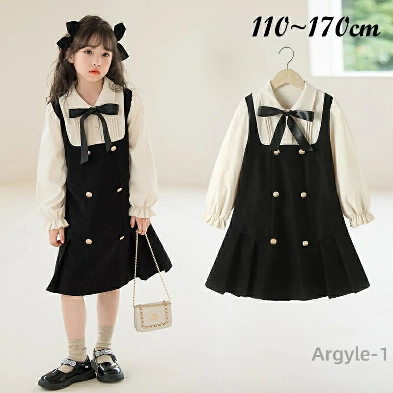【送料無料】女の子 小学校 入学式 女の子 女子 スーツ 卒服 韓国 長袖 ワンピース スーツワンピース 重ね着 蝶結び キッズ フォーマル 子供