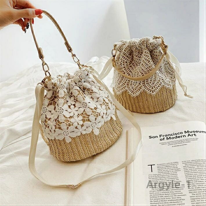 【送料無料】かごバッグ レディース ショルダーバッグ 巾着型 レース 手提げ 斜めがけ 祭り 手提げバッグ ストローバッグ ハンドバッグ