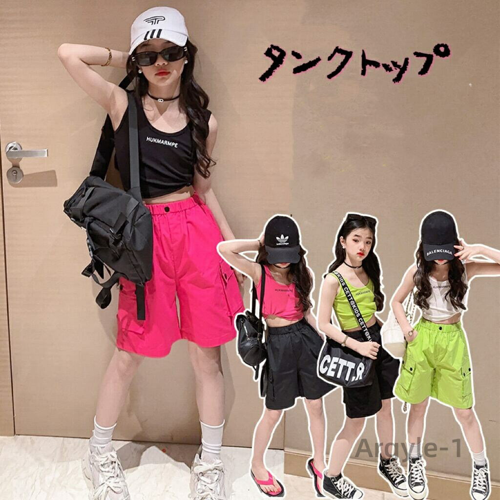 【送料無料】ショート丈 タンクトップ ノースリーブ 女の子 子供服 キッズ 無地 120cm〜170cm ブラック ホワイト ダンスタンクトップ