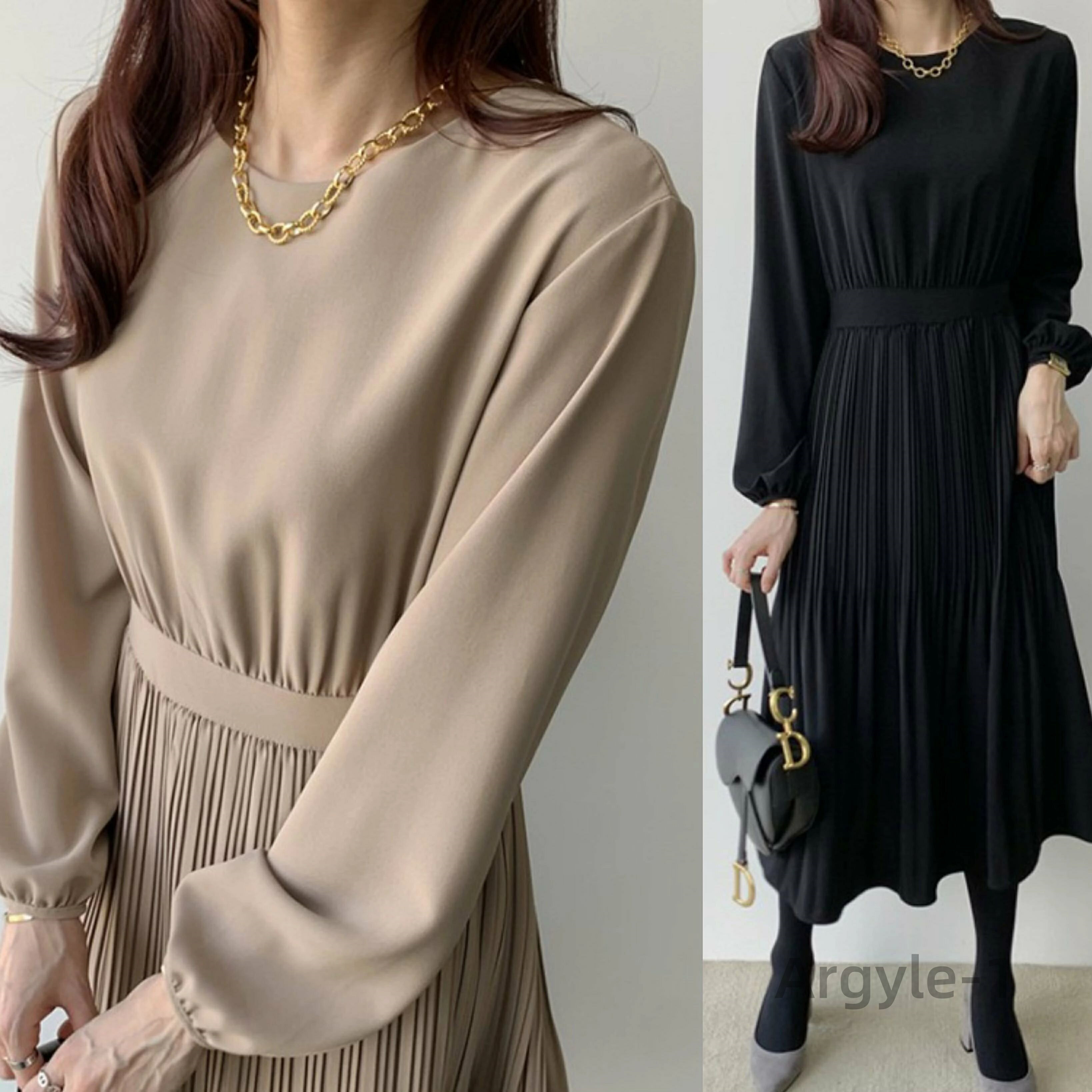 【送料無料】きれいめ ワンピース 黒 長袖 春 秋 レディース プリーツ ワンピース ロング ワンピース Aライン 着痩せ ミモレ丈 きれいめ