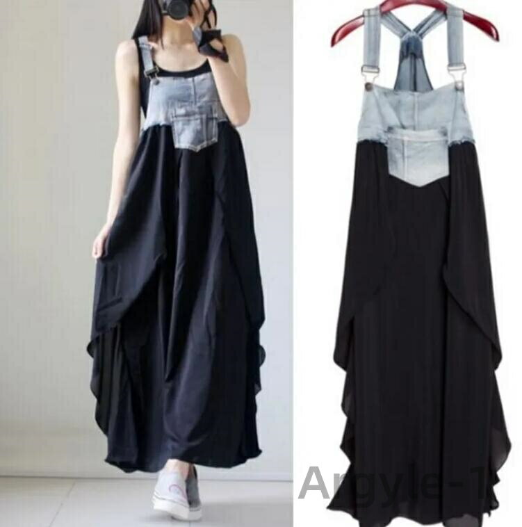 【送料無料】ワンピース レディース ロングワンピース キャミソール デニム シフォンロング Aライン 切り替え フレアワンピース 大人 上品