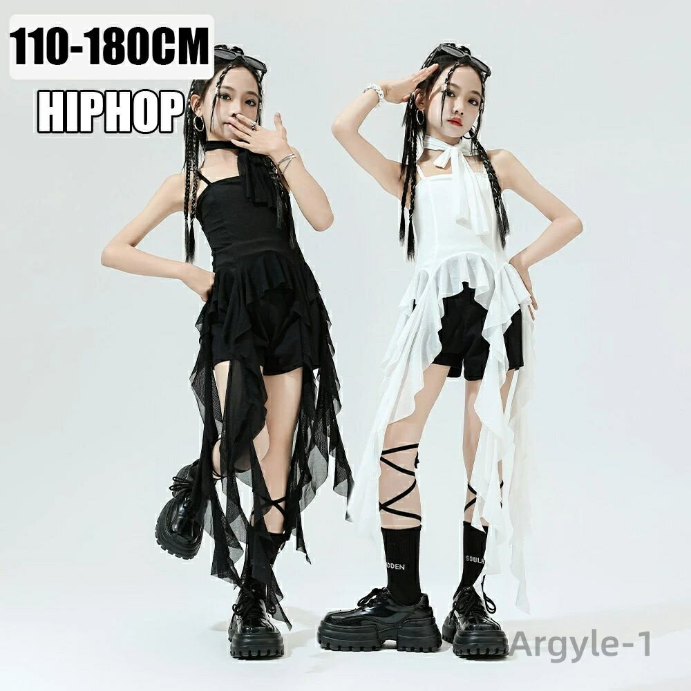 【送料無料】ダンス衣装 リボン キッズ 白 黒トップス フリルタンクトップ 子供服 ショートパンツ ソックス ヒップホップ トップス 女の子