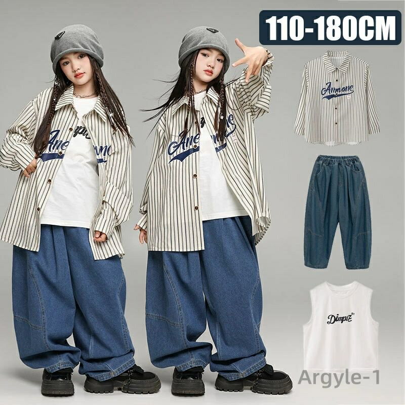 【送料無料】キッズ ダンス衣装 シャツ 子供服 ストライプ柄 カジュアルシャツ ヒップホップ トップス 女の子 レッド デニムパンツ