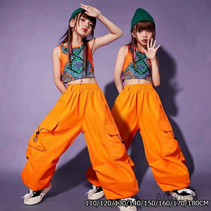 【送料無料】キッズ ダンス衣装 子供服 ヒップホップ トップス タンクトップ パンツ 袖無し ヘソ出し チア チアガール ロングパンツ jazz