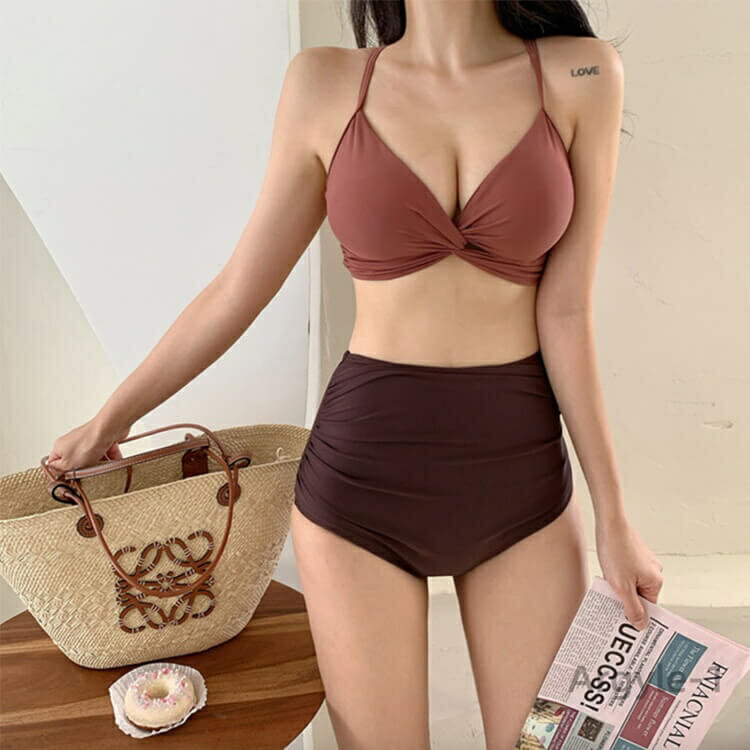 【送料無料】赤 タンキニ 谷間 ハイウエスト 青 韓国 おしゃれ セクシー 長め 無地 ベージュ 体系カバー レディース おしゃれ バイカラー ク