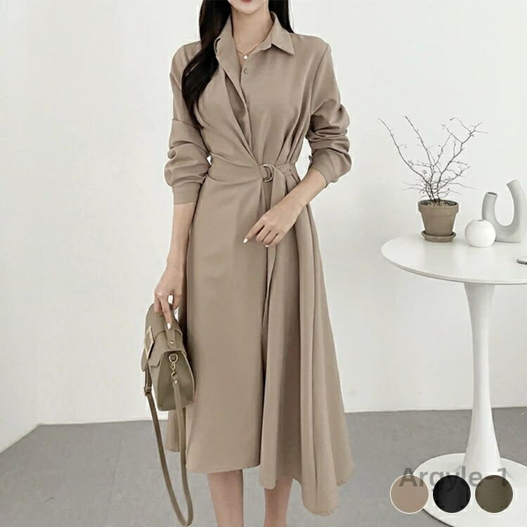 【送料無料】ドレス ベージュ ハイウエスト ミモレ丈 エレガント 韓国 おしゃれ 冬 レディース ウエストマーク 膝丈 春 通勤 アシンメトリー