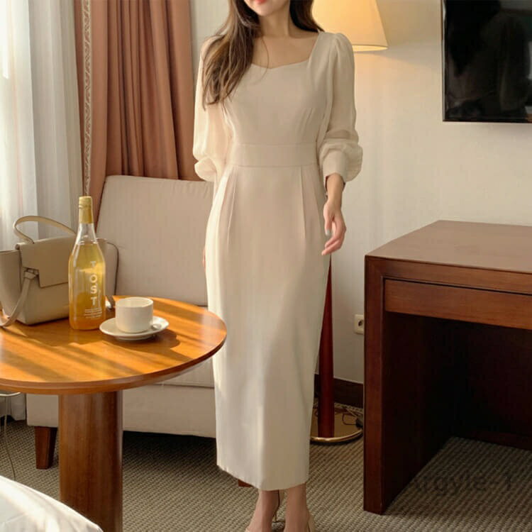 【送料無料】レディース ハイウエスト エレガント ミモレ丈 フェミニン ロングワンピース タイト スクエアネック シースルー春 ドレス ウエス