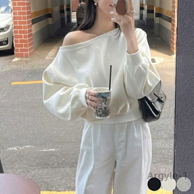 【送料無料】ワンショルダー スウェット 無地 トップス おしゃれ カジュアル ゆったり 春 長袖 ボートネック グレー ショート丈 オフホワイト