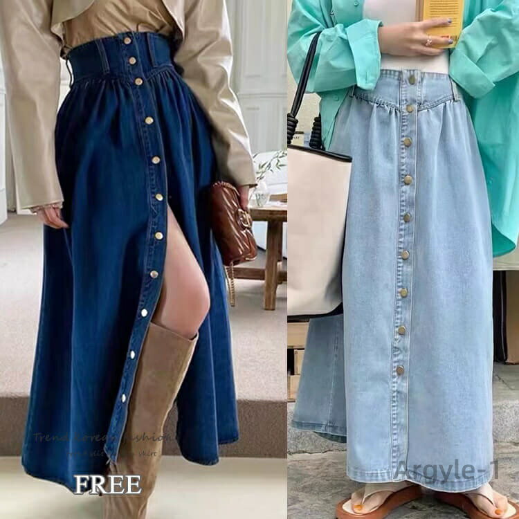 【送料無料】セクシー ボタン 冬 青 大人 ハイウエスト Aライン スリット デニムスカート カジュアル ロング丈 春 秋 ロングスカート ミモレ