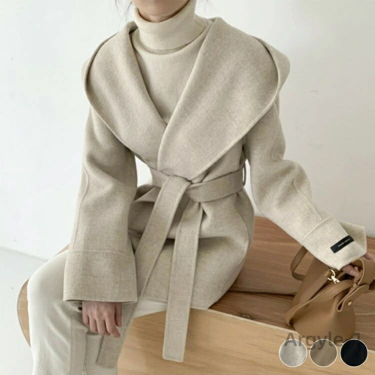 【送料無料】冬 フード アウター ショート丈 韓国 エレガント ホワイト ポケット 秋 ベージュ ガウン ショールカラー コート ブラック シンプ