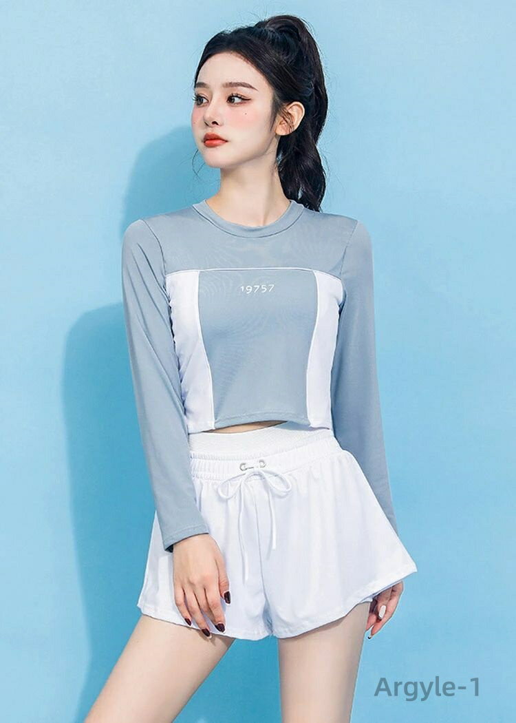 【送料無料】2点セット レデイース みずぎ 長袖 韓国ファッション 水着 セパレート スクール水着 可愛い 体型カバー 女性 着やせ 大人