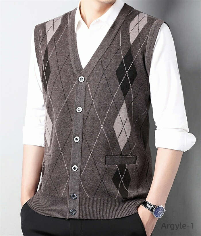 【送料無料】洗える ボタン付き 前開き チェック柄 Vネック トップス メンズ用 メンズ ベスト ニットベスト