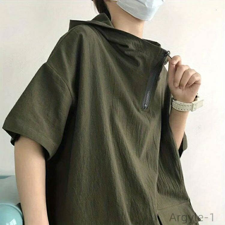 【送料無料】ビッグパーカー ハイネック ジップ ゆったり メンズ 夏 メンズ 夏 ボリューム ボリュームネック 5分袖 半袖パーカー